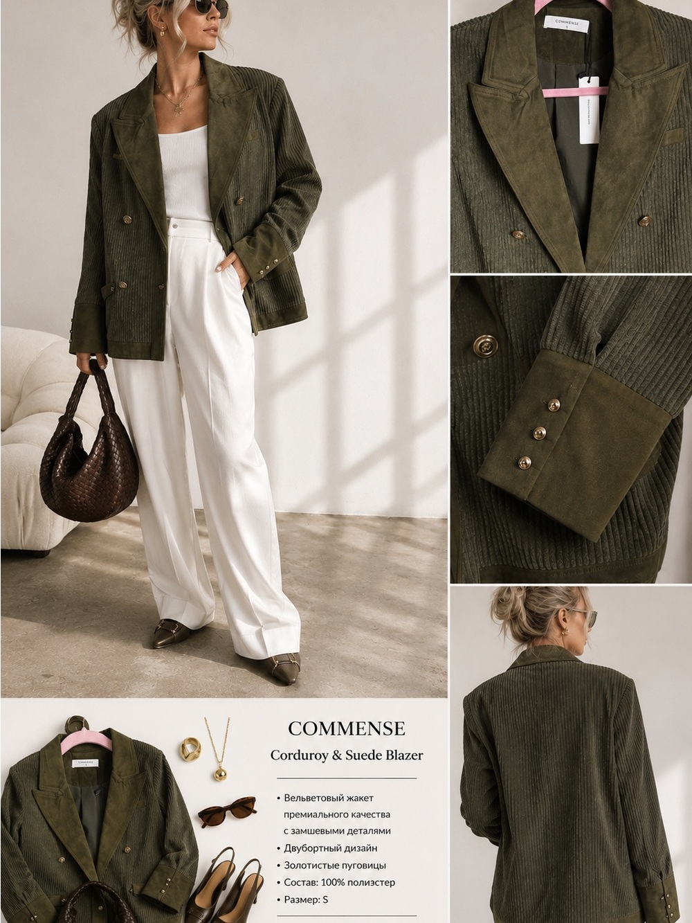 COMMENSE Olive Corduroy & Faux Suede Blazer — Size S, NWT